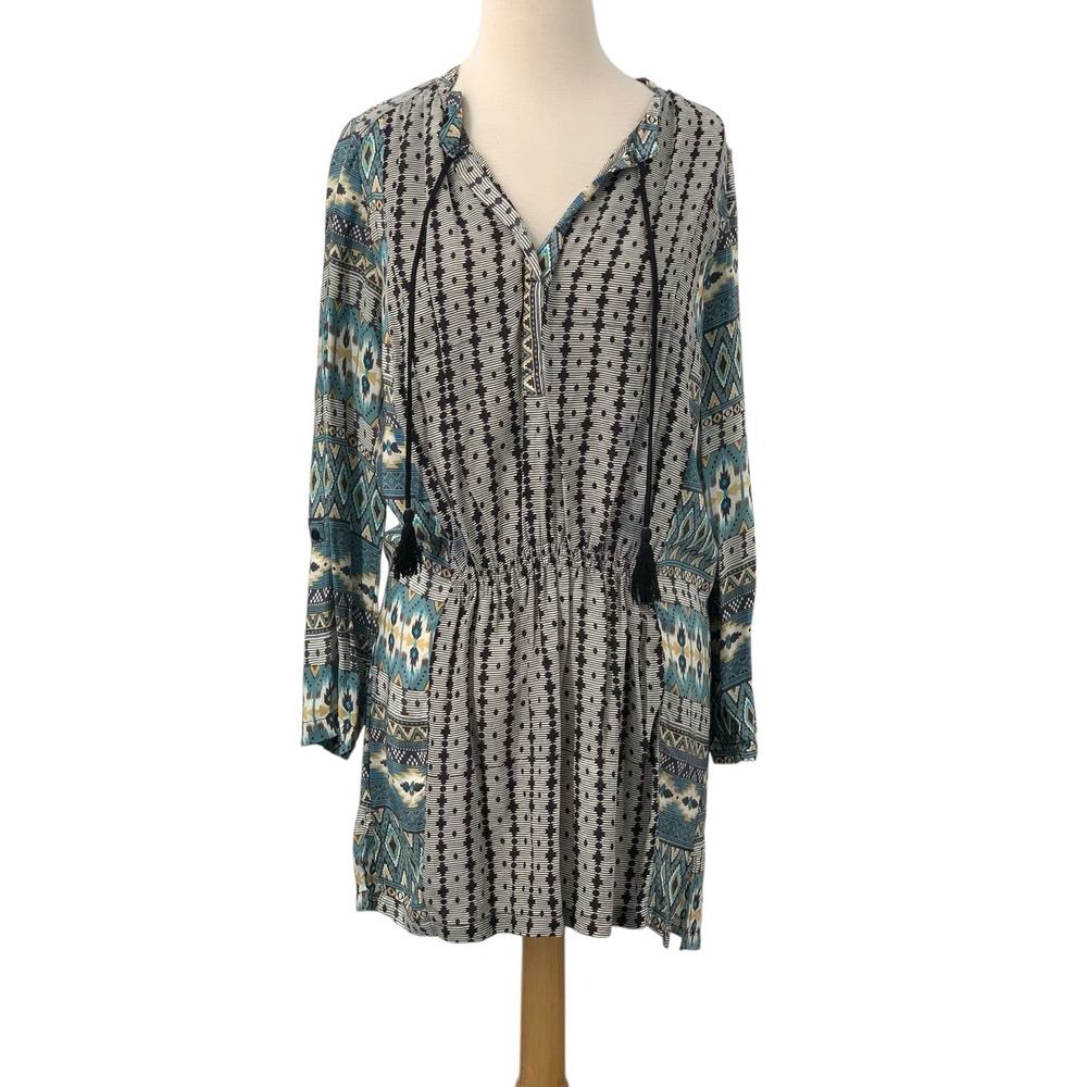 Tolani Silk Tunic Shirt Dress Blue Boho Artsy‎ Long Roll Tab Sleeves Size S READ